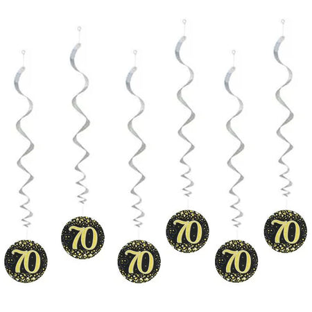 Gold Celebration 70th Hanging Swirl Decorations - 45.7cm - Pack of 6