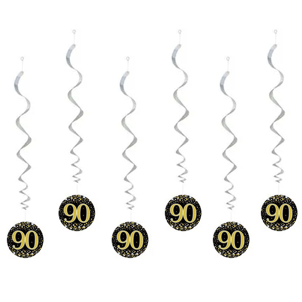 Gold Celebration 90th Birthday Hanging Swirl Decorations - Pack of 6