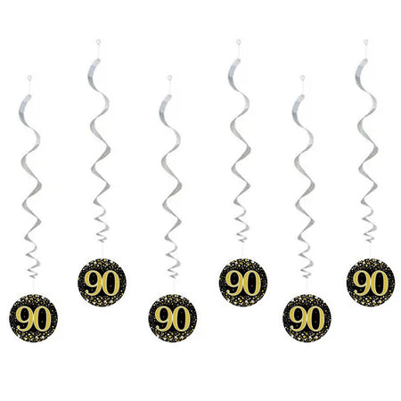 Gold Celebration 90th Birthday Hanging Swirl Decorations - Pack of 6