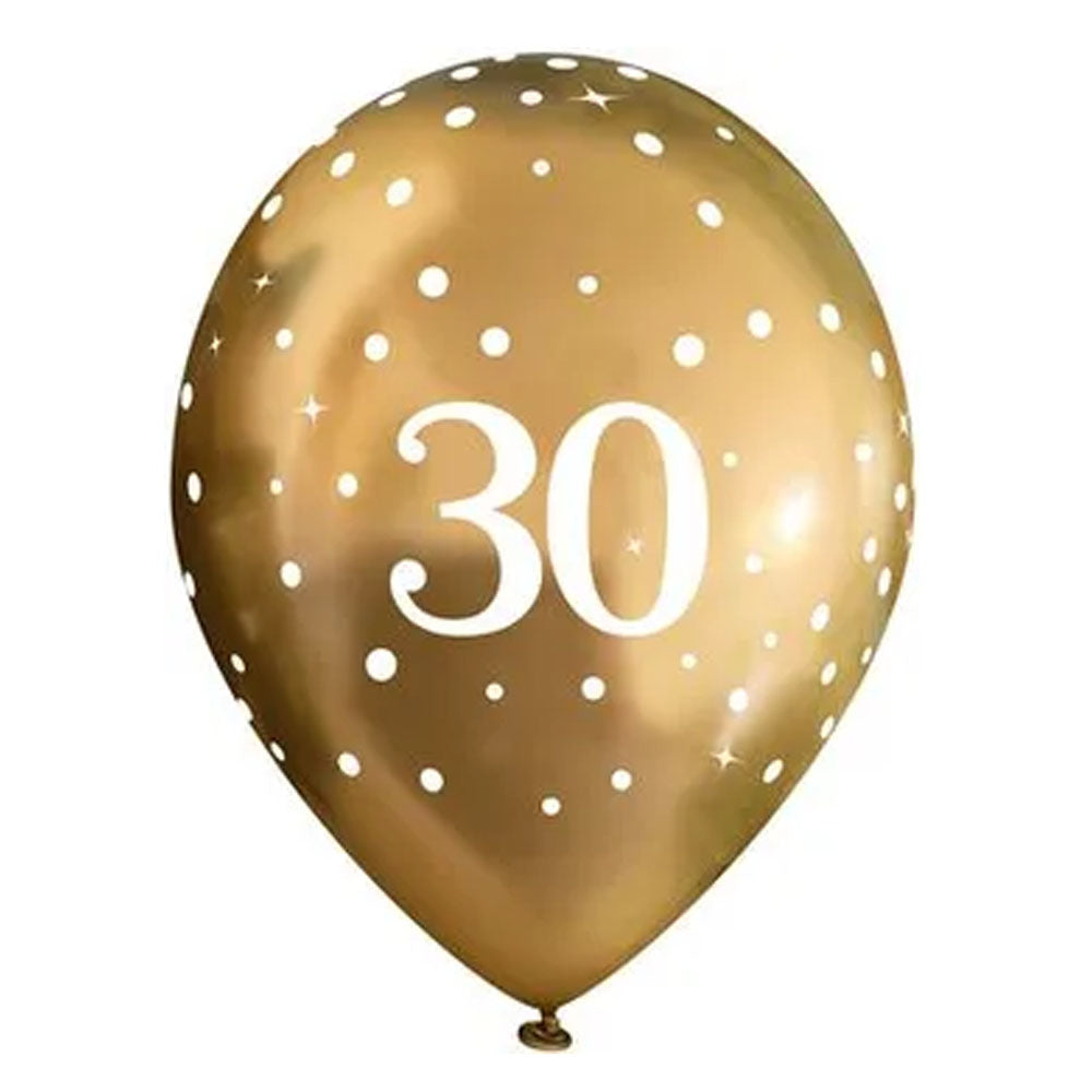 Gold Celebration 30th Birthday Latex Balloons - 11" - Pack of 6