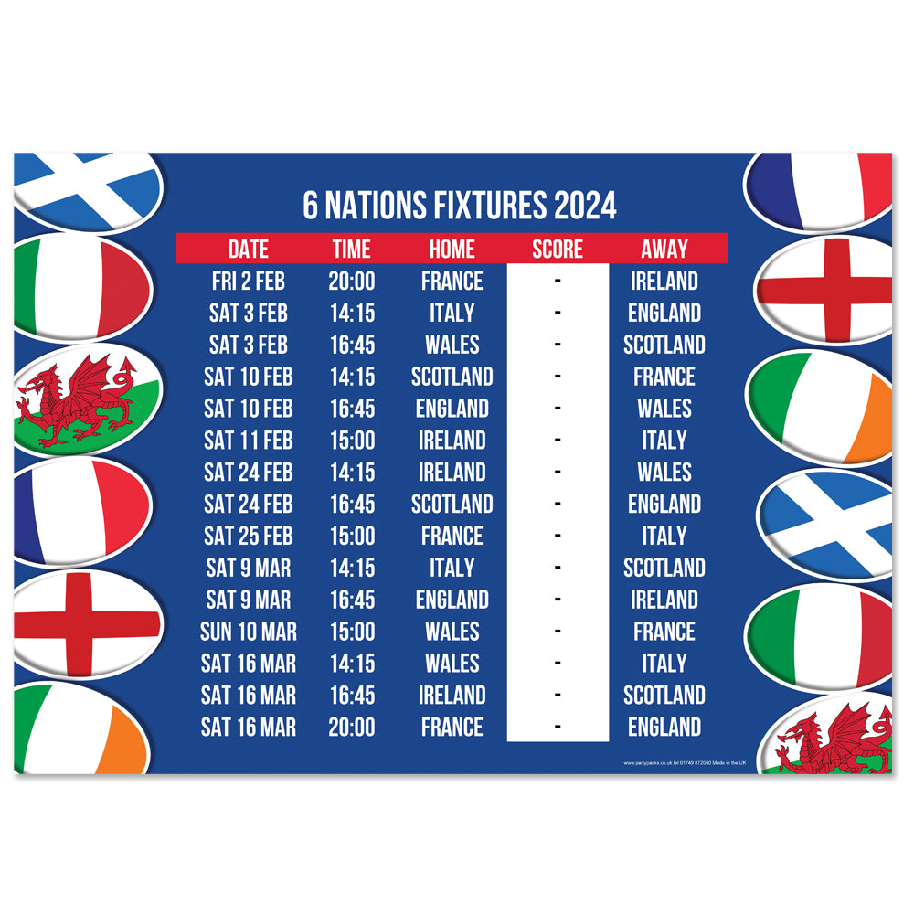6 Nations Rugby 2024 Fixtures Poster - A3