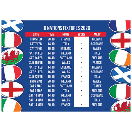 6 Nations Rugby Fixtures Poster - A3