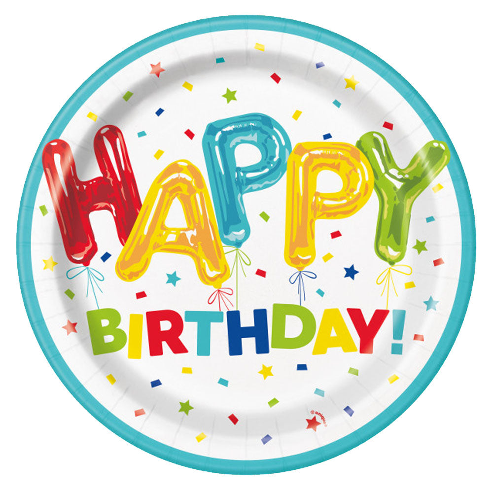 Happy Balloon Birthday Paper Plates - 23cm - Pack of 8
