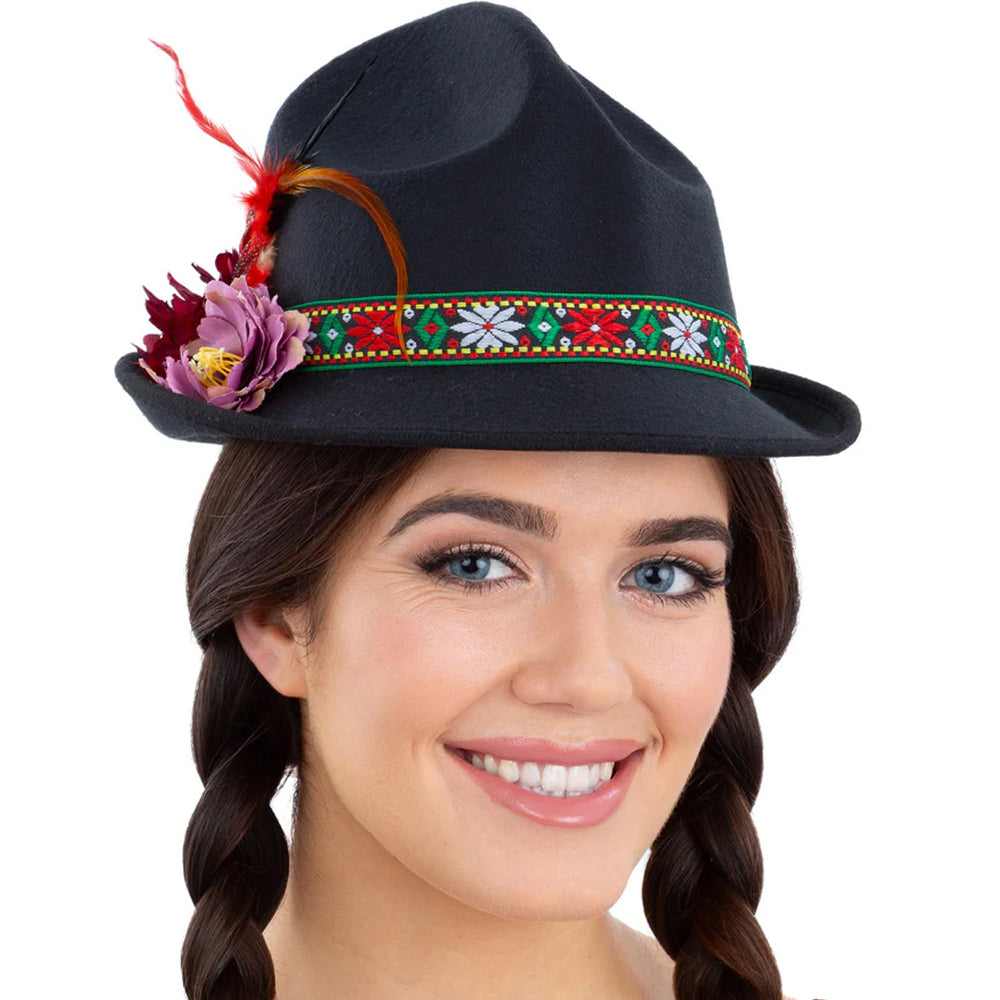 Oktoberest Dirndl Trenker Hat With Feathers and Flowers