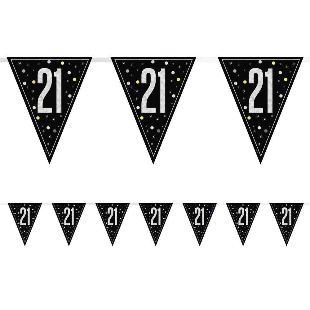Birthday Glitz Black & Silver 21st Flag Bunting - 2.7m