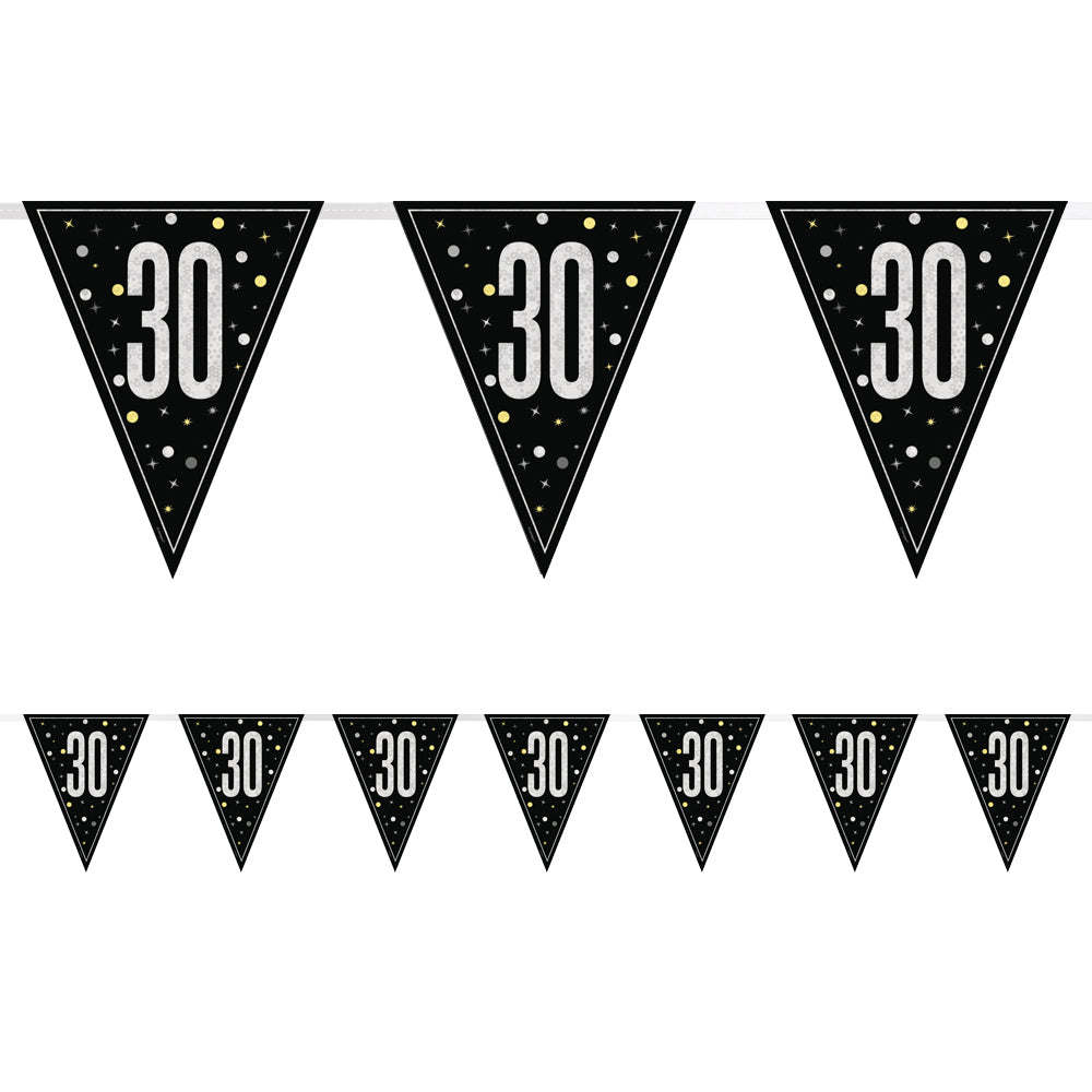 Birthday Glitz Black & Silver 30th Flag Bunting - 2.7m