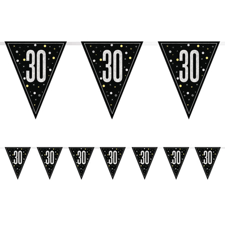 Birthday Glitz Black & Silver 30th Flag Bunting - 2.7m