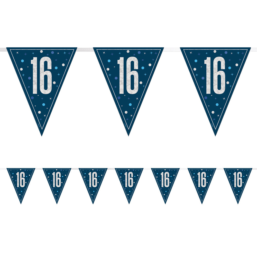 Birthday Glitz Blue 16th Flag Bunting - 2.7m