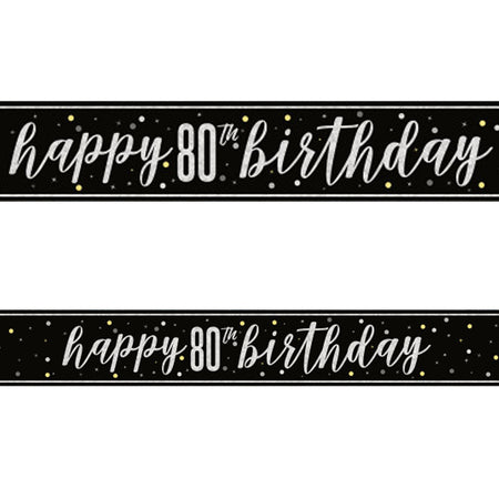 Birthday Glitz Black & Silver Happy 80th Birthday Foil Banner - 2.7m