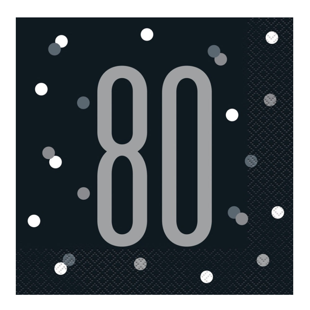 Birthday Glitz Black & Silver 80th Paper Napkins - Pack of 16