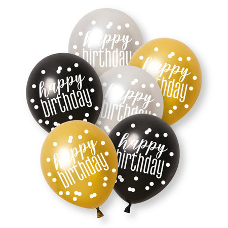 Birthday Glitz Black & Silver Happy Birthday Pearlised Latex Balloons - 30cm - Pack of 6