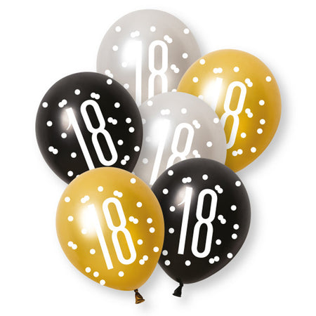 Birthday Glitz Black, Gold & Silver 18th Pearlised Latex Balloons - Pack of 6