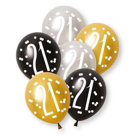 Birthday Glitz Black, Silver & Gold 21st Pearlised Latex Balloons - Pack of 6