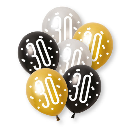Birthday Glitz Black, Silver & Gold 30th Pearlised Latex Balloons - Pack of 6