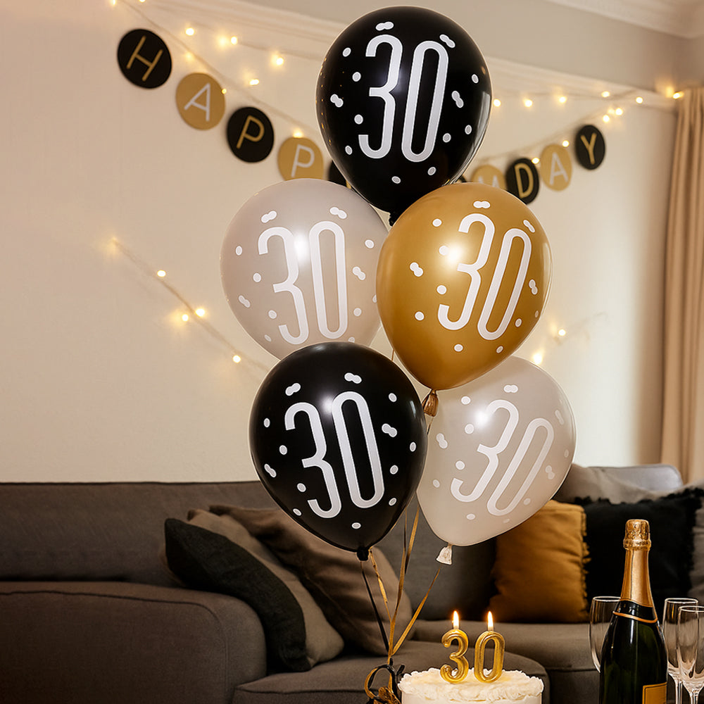 Birthday Glitz Black, Silver & Gold 30th Pearlised Latex Balloons - Pack of 6
