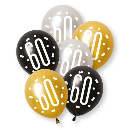 Birthday Glitz Black, Silver & Gold 60th Pearlised Latex Balloons - Pack of 6