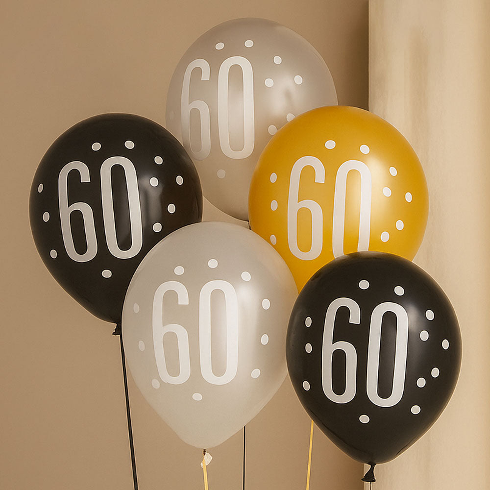 Birthday Glitz Black, Silver & Gold 60th Pearlised Latex Balloons - Pack of 6