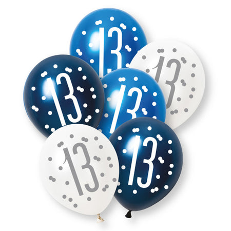 Birthday Glitz Blue 13th Pearlised Latex Balloons - Pack of 6