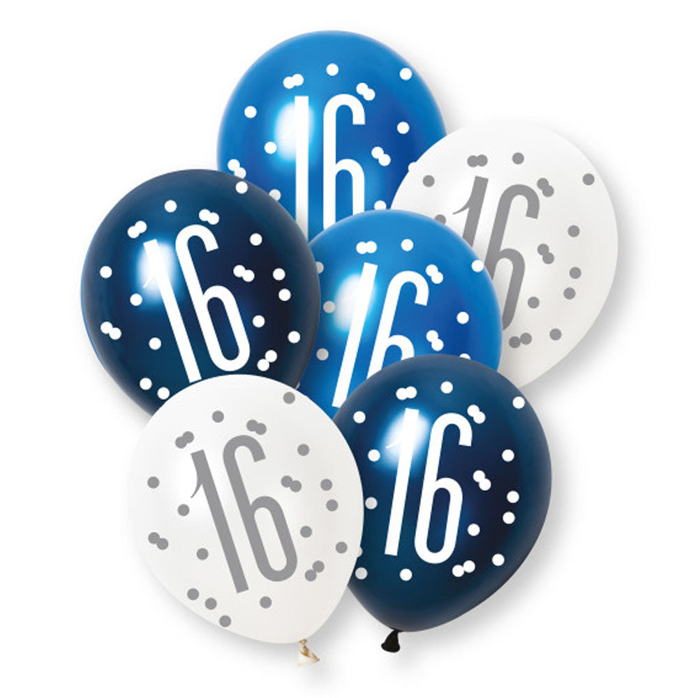 Birthday Glitz Blue 16th Pearlised Latex Balloons - Pack of 6
