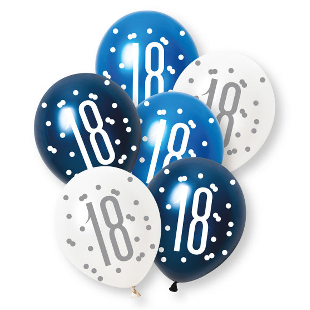 Birthday Glitz Blue 18th Pearlised Latex Balloons - Pack of 6