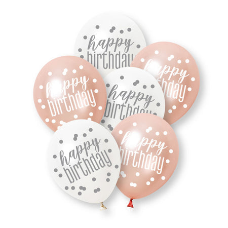 Birthday Glitz Rose Gold Happy Birthday Pearlised Latex Balloons - 12