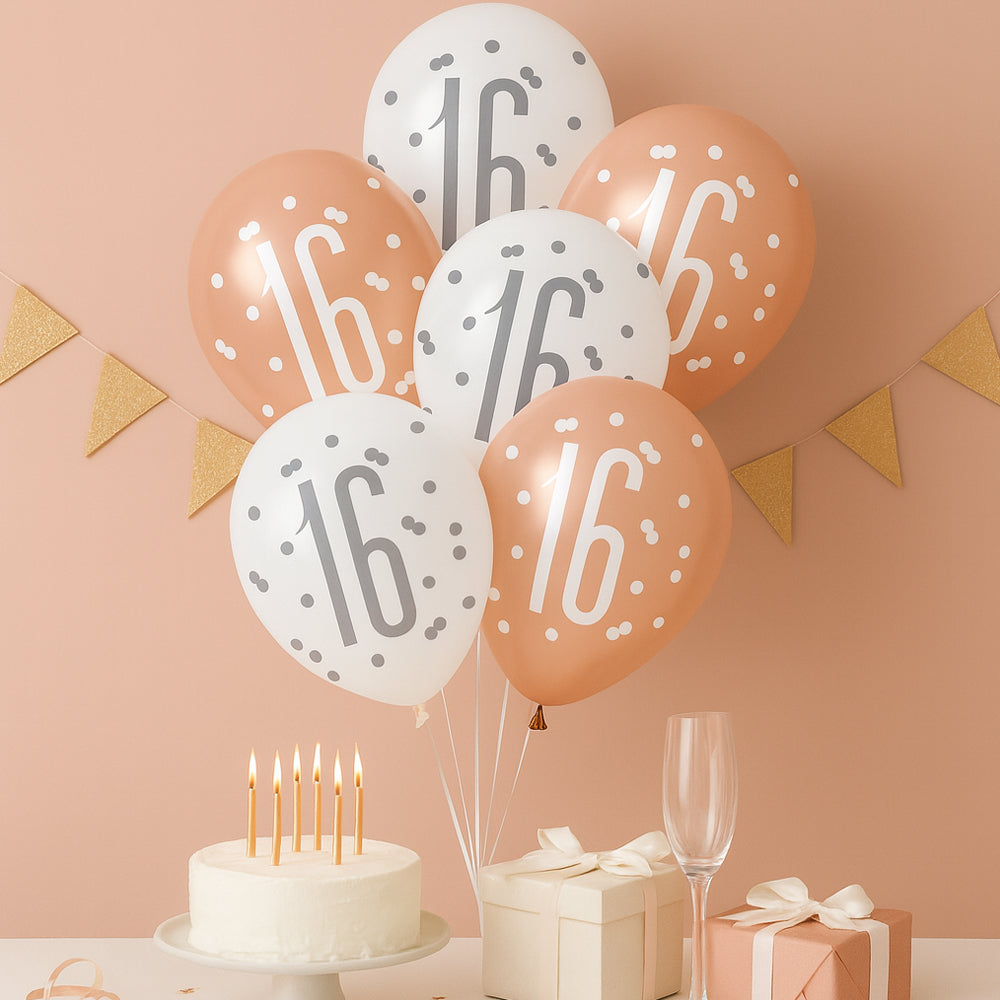 Birthday Glitz Rose Gold 16th Pearlised Latex Balloons - 12" - Pack of 6
