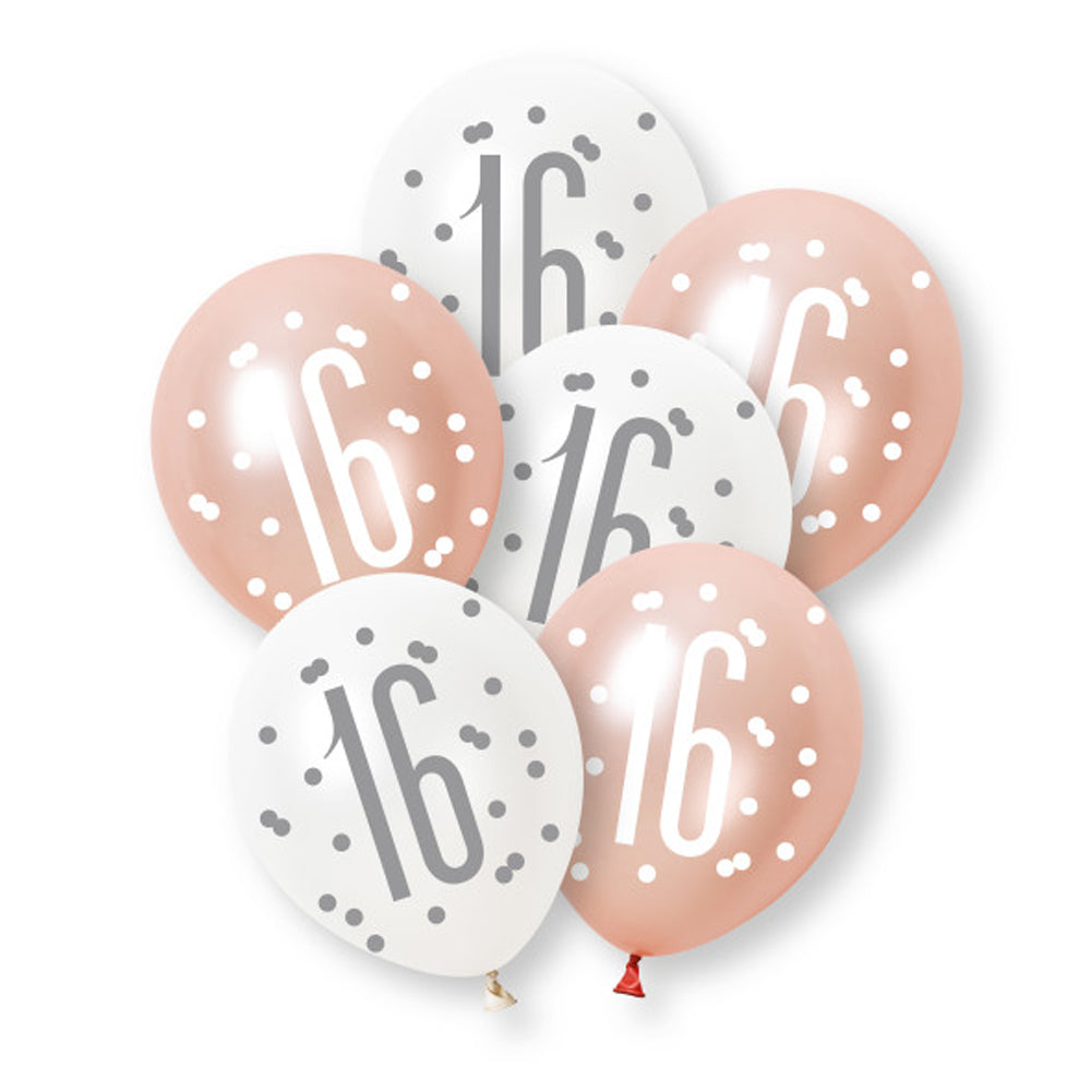 Birthday Glitz Rose Gold 16th Pearlised Latex Balloons - 12" - Pack of 6
