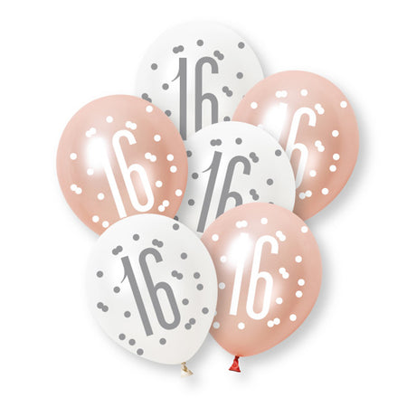 Birthday Glitz Rose Gold 16th Pearlised Latex Balloons - 12