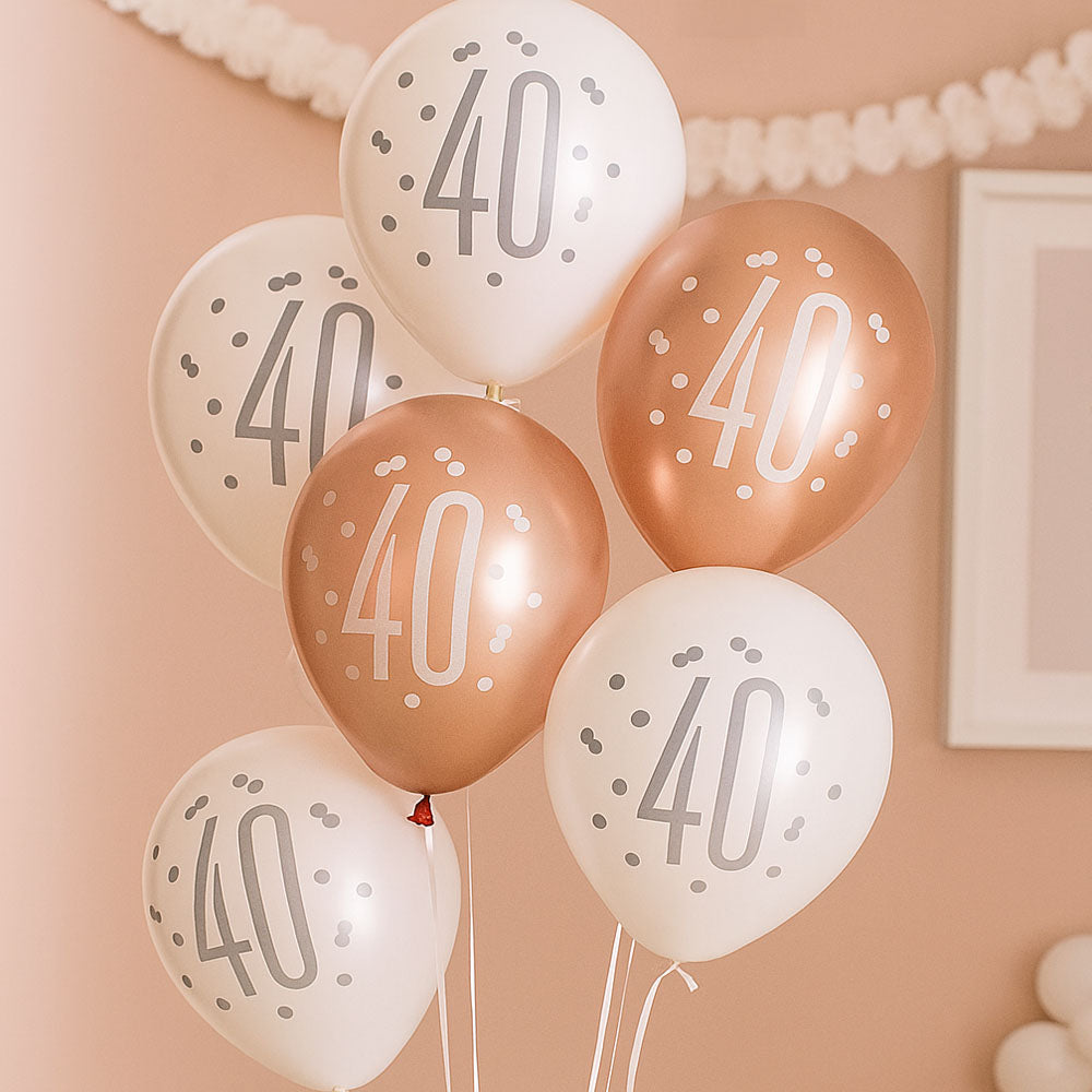 Birthday Glitz Rose Gold 40th Pearlised Latex Balloons - 12" - Pack of 6