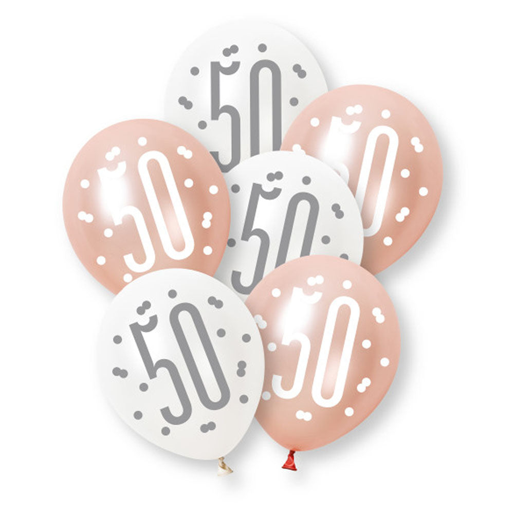 Birthday Glitz Rose Gold 50th Pearlised Latex Balloons - 12" - Pack of 6