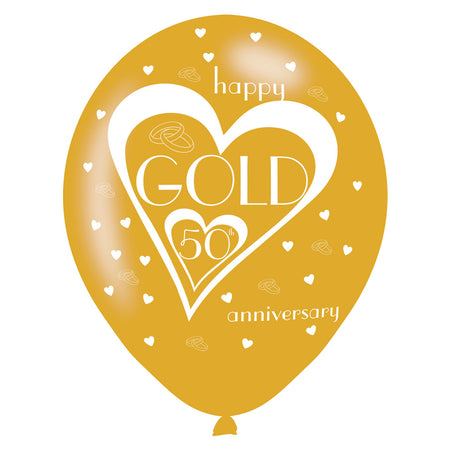 Golden 50th Anniversary Latex Balloons - 12