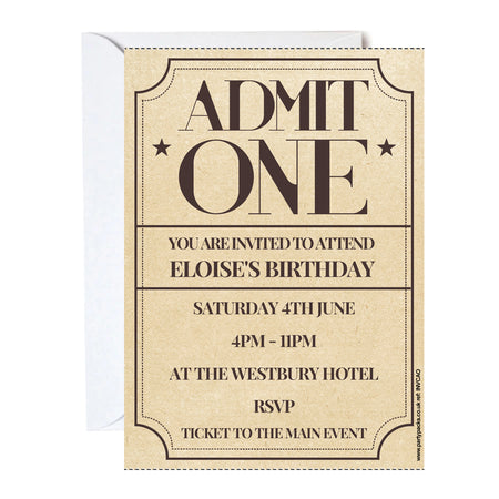Admit One Vintage Effect Invitations - Pack of 16