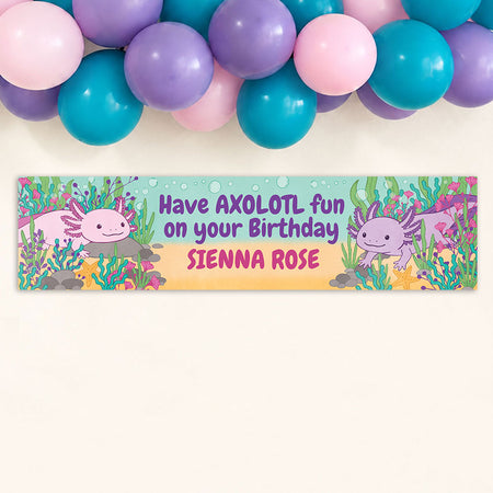 Personalised axolotl birthday banner with cute pink and purple axolotls and colourful underwater sea life