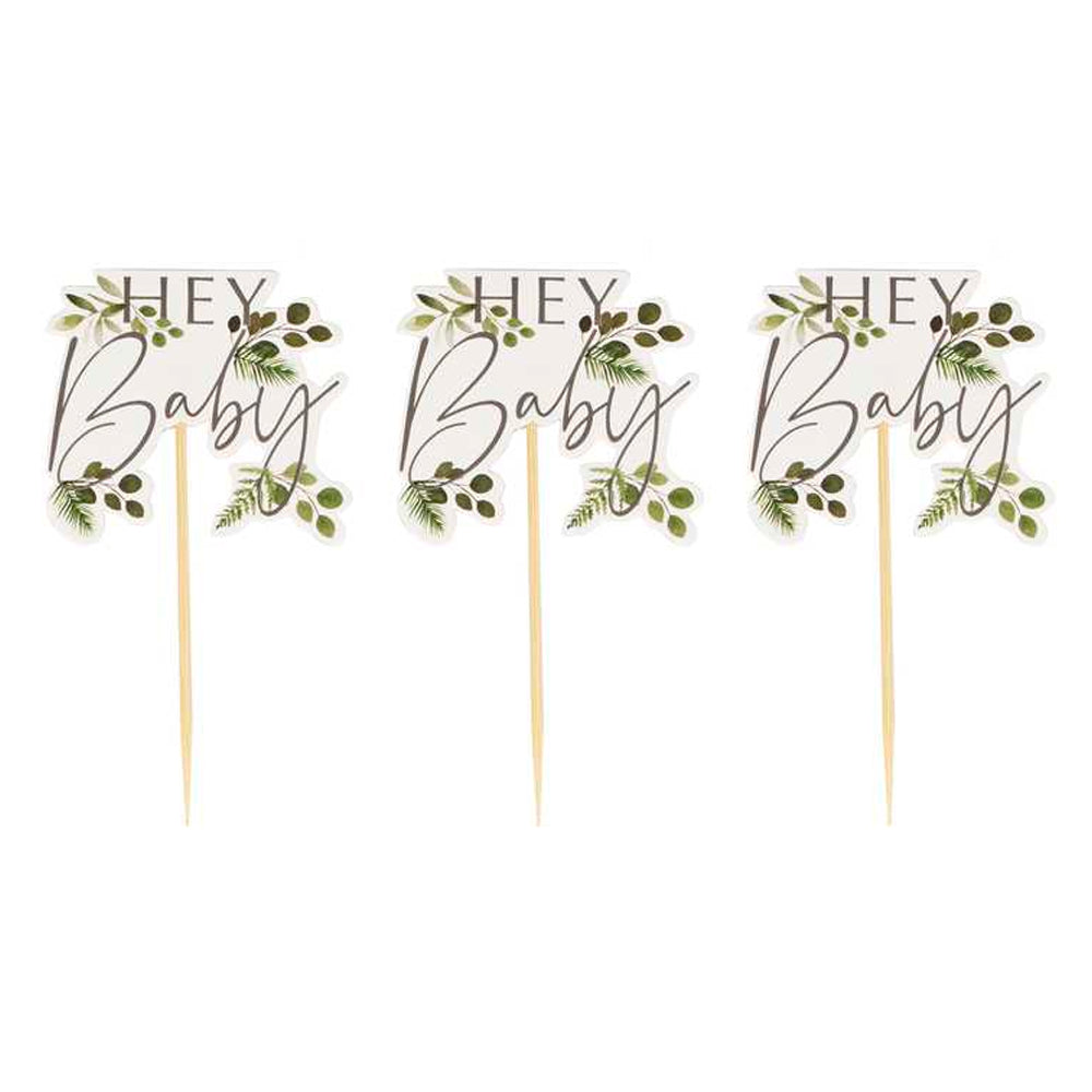 Botanical Hey Baby Shower Cupcake Toppers - Pack of 12