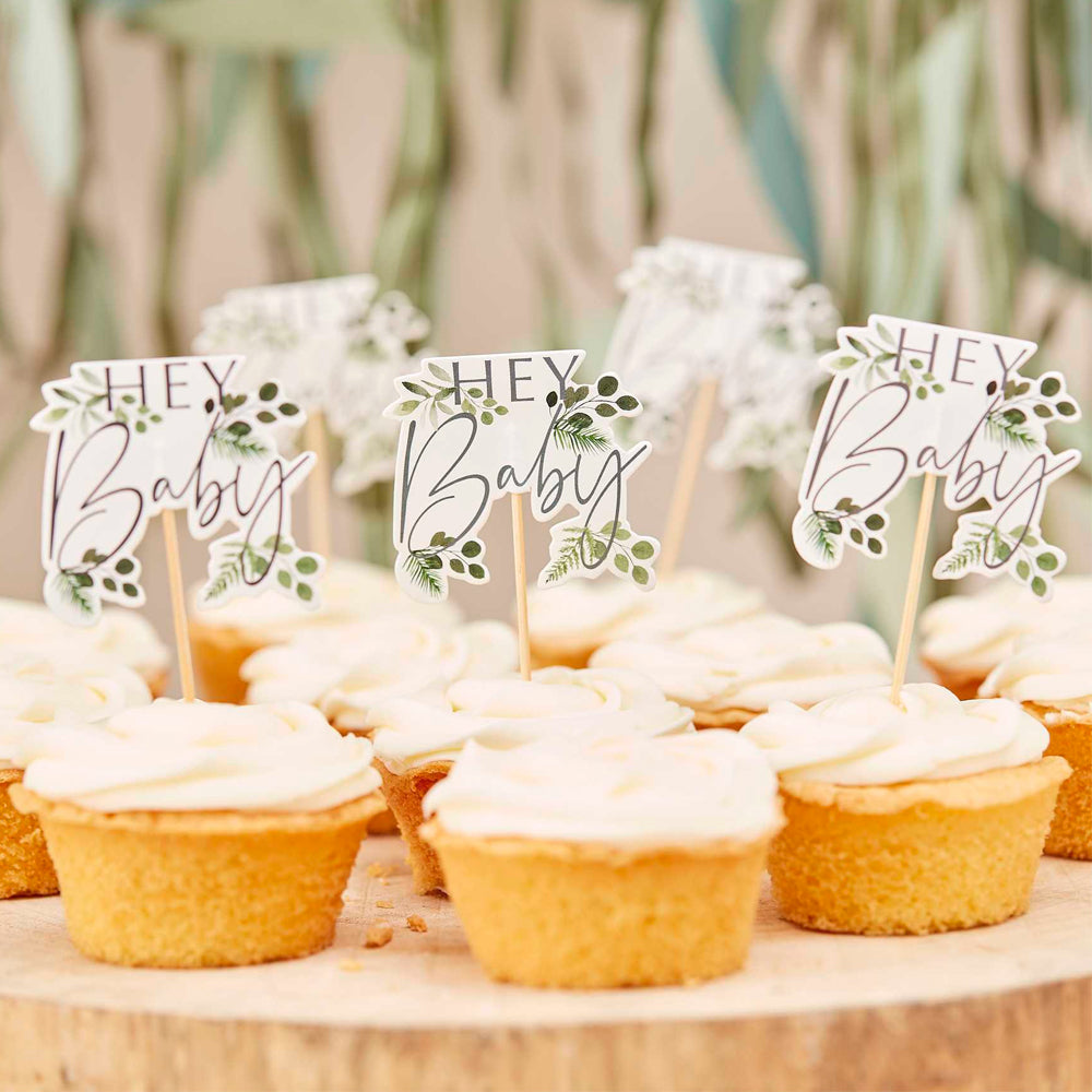 Botanical Hey Baby Shower Cupcake Toppers - Pack of 12