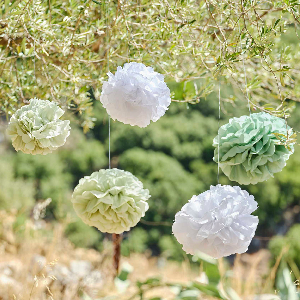 Sage Green and White Pom Pom Tissue Hanging Decorations - Pack of 5