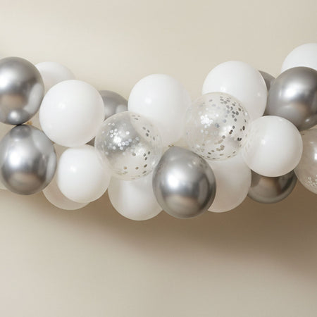White, Silver Chrome & Confetti Balloon Arch DIY Kit - 2.5m