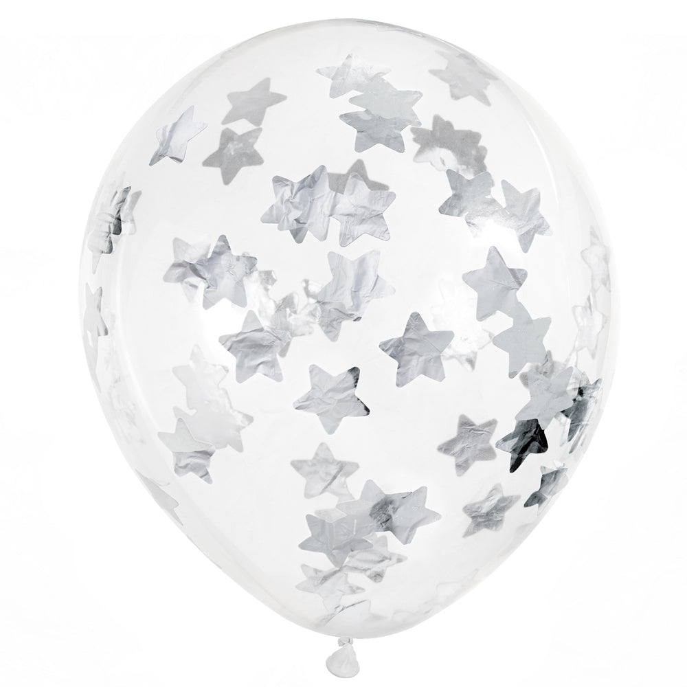 Silver Star Shaped Confetti Filled Balloons 11" - Pack of 6