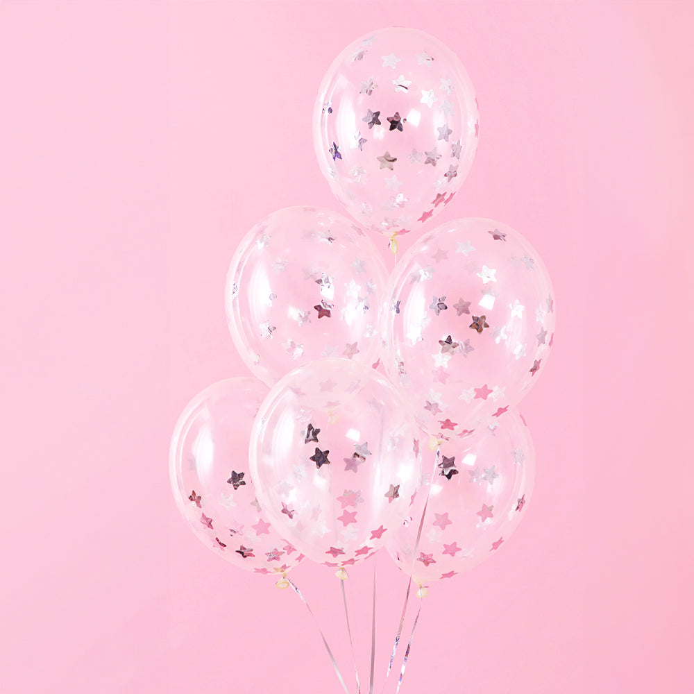 Silver Star Shaped Confetti Filled Balloons 11" - Pack of 6