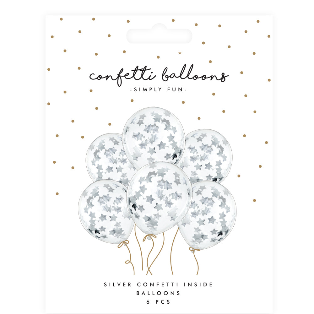 Silver Star Shaped Confetti Filled Balloons 11" - Pack of 6