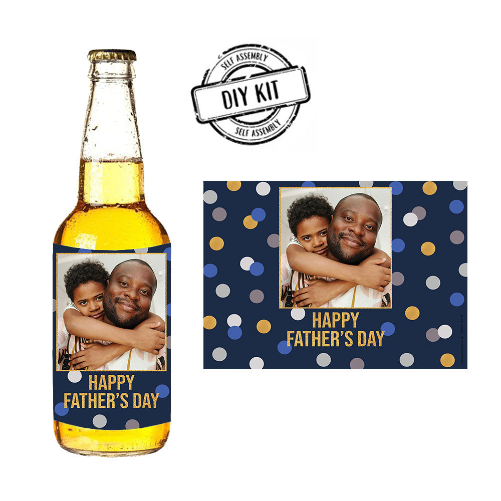 Father's Day Blue Glitz Personalised Photo Beer Bottle Labels - Sheet of 4