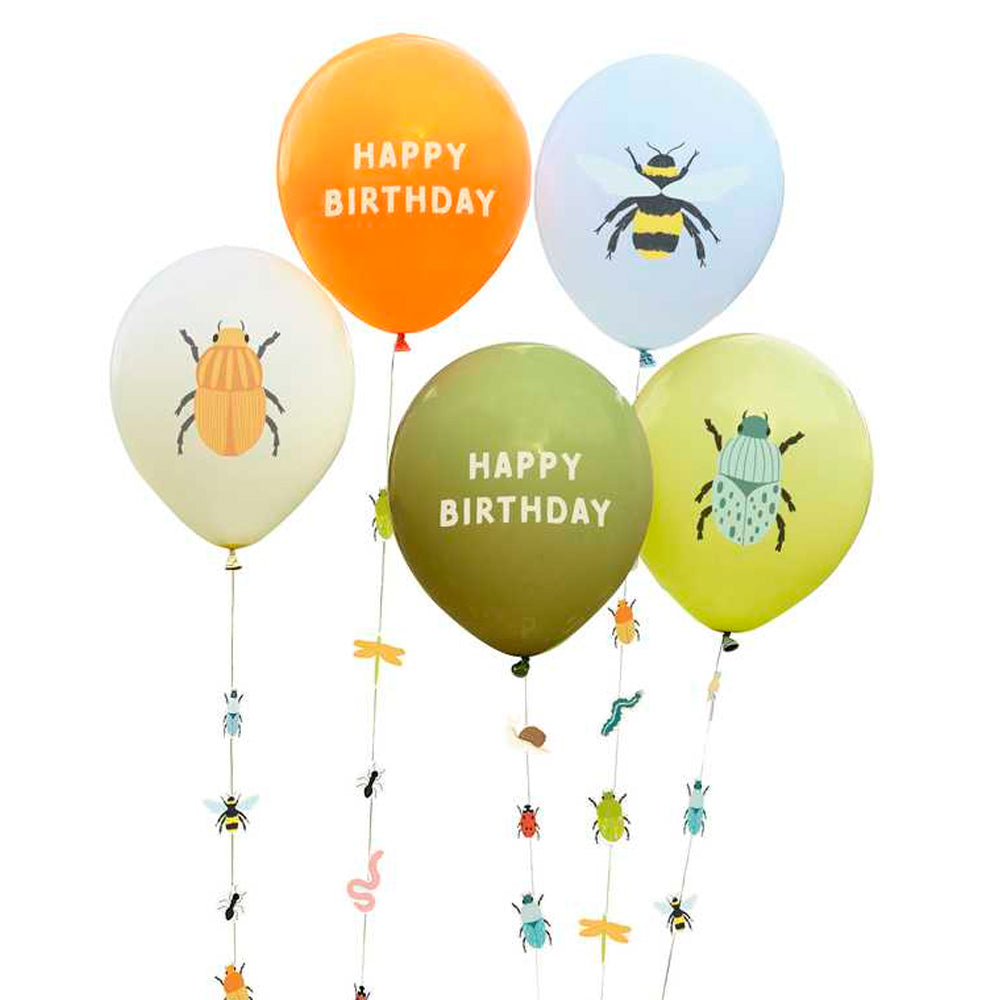 Bug Party Birthday Balloons with Bug Balloon Tails - 12" - Pack of 5