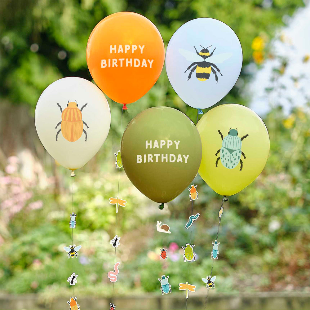 Bug Party Birthday Balloons with Bug Balloon Tails - 12" - Pack of 5