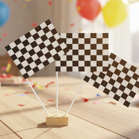Black & White Checkered Paper Table Flags - 15cm on 30cm Pole - Each
