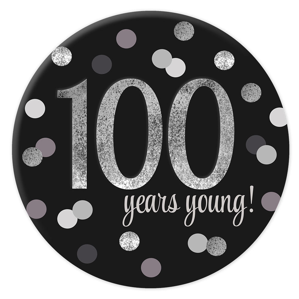 Black Glitz 100th Birthday Badge 58mm - Each