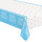 Baby shower tablecloth with blue and white design