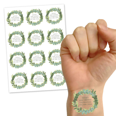 Personalised Baby Shower Tattoos - Pack of 12 - Botanical Wreath