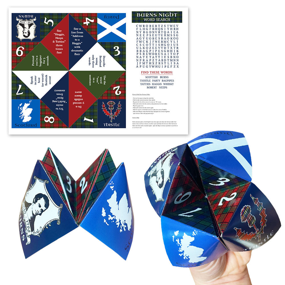Burns Night Paper Fortune Teller and Word Search Activity Sheet - A4