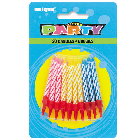 Assorted Striped Candles With Holders - Pack of 20