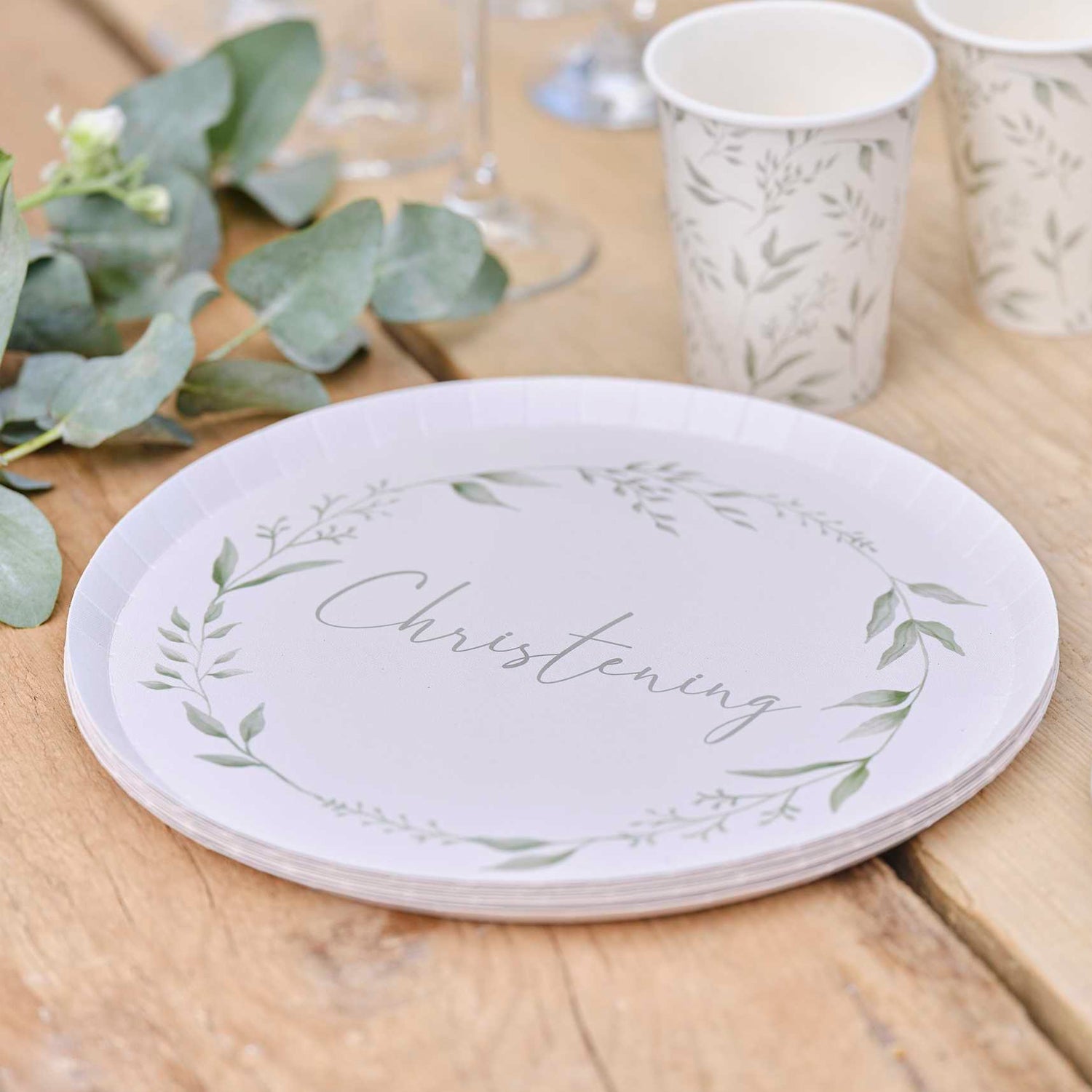 White and Green Botanical Leaf Christening Paper Plates - 25cm - Pack of 8